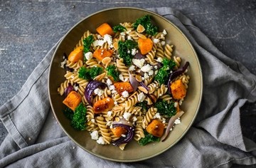 Pumpkin & Wheat Fusilli pasta salad with Feta, Kale & Almonds 